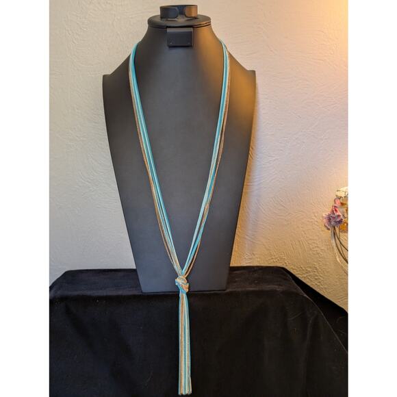 Multi-Blue & Gold Chain Knotted Tassel Long Necklace - Picture 1 of 7